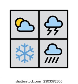 Weather forecast app widget icon. Daily application template. Thunderstorm, rain, sunny day, fog and winter snow. vector illustration on white background