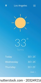 Weather Forecast App Widget Screen Application with Rain, Sun Icons. Blue Screen Background. Mobile Application Design Element Illustration