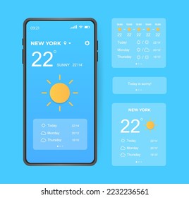 Weather Forecast App Widget Screen Application. UI, UX elements. Realistic smartphone with different Weather. Vector illustration concept