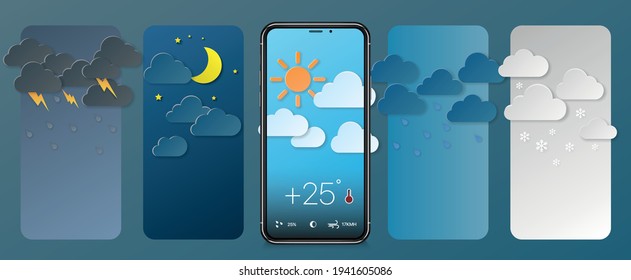 Weather Forecast App Widget Set. Vector Illustration. Daily Application Template With Paper Cut Climate Icons. Thunderstorm, Rain, Sunny Day, Night And Winter Snow. Vector