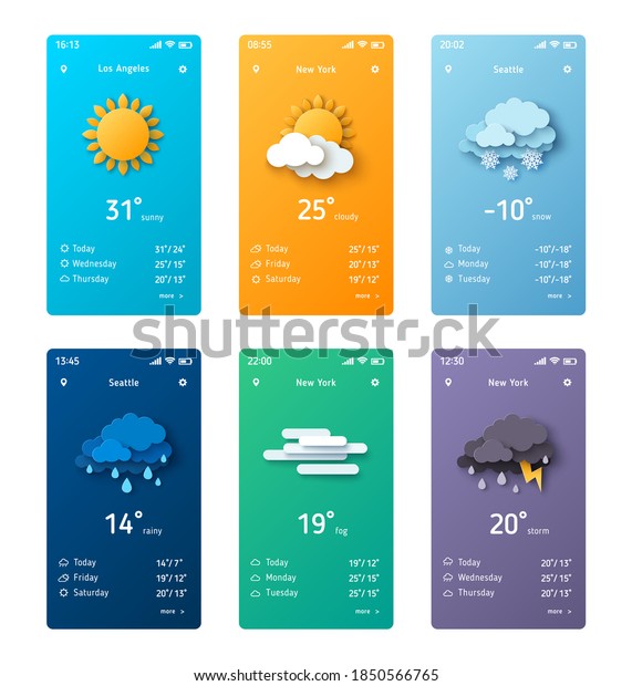 Weather forecast app widget\
set. Vector illustration. Daily application template with paper cut\
climate icons. Thunderstorm, rain, sunny day, fog and winter\
snow.