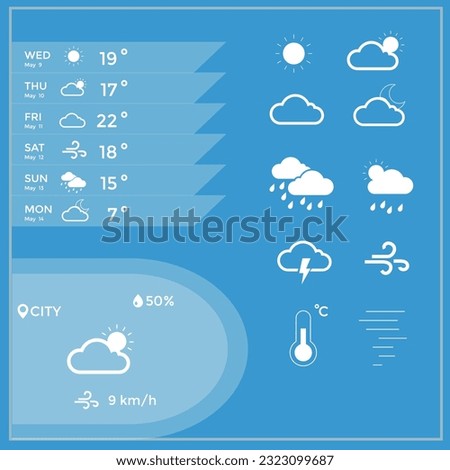 Weather forecast application with temperature for the whole week and icon set at the bottom vector illustration