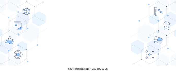 Weather forecast Banner Vector Illustration with Two-sided Icon Style. Line Duotone icon. Containing. snowflake, radio, fog, starry night, windy, hail, thermometer.