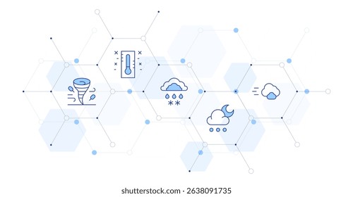 Weather forecast Banner Vector Illustration with Icon Style in Between. Line Duotone icon. Containing. windstorm, thermometer, rain, hail, cloud.