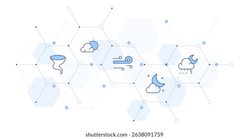 Weather forecast Banner Vector Illustration with Icon Style in Between. Line Duotone icon. Containing. tornado, sun, wind, night, rain.