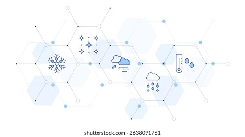 Weather forecast Banner Vector Illustration with Icon Style in Between. Line Duotone icon. Containing. snowflake, starry night, windy, hail, thermometer.