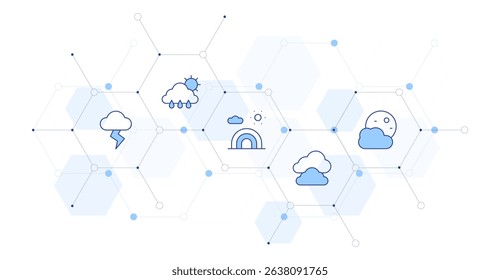Weather forecast Banner Vector Illustration with Icon Style in Between. Line Duotone icon. Containing. storm, rainy day, rainbow, clouds, moon