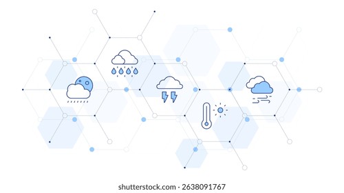 Weather forecast Banner Vector Illustration with Icon Style in Between. Line Duotone icon. Containing. rainy night, rain, thunder, thermometer, windstorm.