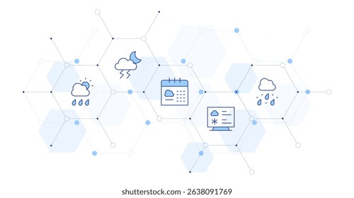 Weather forecast Banner Vector Illustration with Icon Style in Between. Line Duotone icon. Containing. rainy, thunderstorm, calendar, meteorology, sleet.