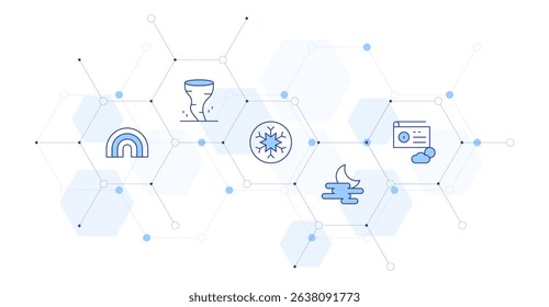 Weather forecast Banner Vector Illustration with Icon Style in Between. Line Duotone icon. Containing. rainbow, tornado, snowflake, fog, radio.