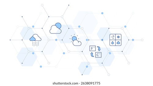 Weather forecast Banner Vector Illustration with Icon Style in Between. Line Duotone icon. Containing. drizzle, weather, cloudy, fahrenheit, weather news.