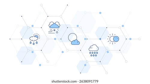 Weather forecast Banner Vector Illustration with Icon Style in Between. Line Duotone icon. Containing. rain, thunderstorm, full moon, rain cloud, eclipse.