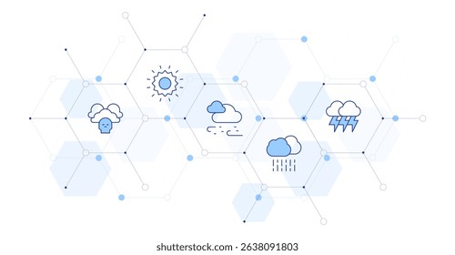 Weather forecast Banner Vector Illustration with Icon Style in Between. Line Duotone icon. Containing. extreme weather, sun, snowfall, rain, lightning.