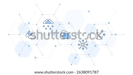 Weather forecast Banner Vector Illustration with Icon Style in Between. Line Duotone icon. Containing. night, hail, cloudy, snowflake.