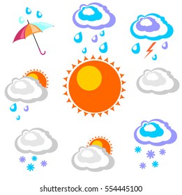 Weather forecast. Beautiful and simple graphics on precipitation and temperature in different seasons in the daytime on a white background.