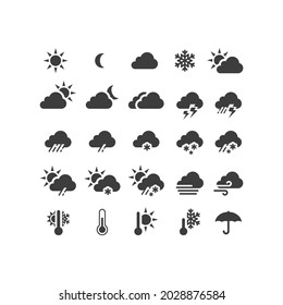 Juego de iconos de vector negro de previsión meteorológica. Tormenta, sol, lluvia, íconos de nieve. Sol y nubes, símbolos calientes y fríos.
