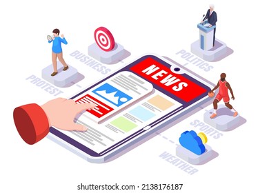 Weather Forecast, Business, Politics, Sports Online News, Flat Vector Isometric Illustration. The Latest Breaking News On Mobile Phone.