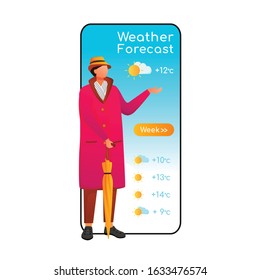 Weather forecast cartoon smartphone vector app screen. Mobile phone display, flat character design mockup. Person with umbrella. Caucasian man in raincoat. Meteorology application telephone interface
