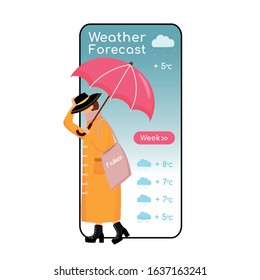Weather forecast cartoon smartphone vector app screen. Mobile phone display, flat character design mockup. Fashionable woman on heels. Female with umbrella. Meteorology application telephone interface