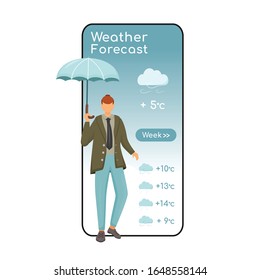 Pantalla de aplicación vector de móvil inteligente de pronóstico del tiempo. Pantalla de teléfono móvil con diseño de carácter plano. Hombre con paraguas. Hombre caucásico con chaqueta. Interfaz telefónica de aplicación meteorológica