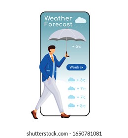 Weather forecast cartoon smartphone vector app screen. Mobile phone display, flat character design mockup. Guy in suit. Male with umbrella. Man in jacket. Meteorology application telephone interface