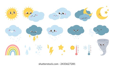 Weather forecast characters. Cute cartoon summer and winter signs, funny spring and fall icons. Night and day symbols, sun and moon. Vector collection. Tornado, snowflakes and wind