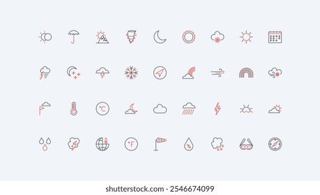 Previsão do tempo e mudança climática, conjunto de ícones da linha meteorológica. Sol quente de verão e lua no eclipse, floco de neve de inverno e tempestade, guarda-chuva, nuvens fino preto e vermelho esboço símbolos ilustração vetorial