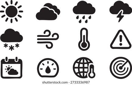 Weather Forecast and Climate Condition Icons Set Including Sun, Cloud, Rain, Snow, Wind, Storm and Temperature in Solid Black Vector Style
