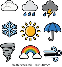 Weather forecast and climate icons vector illustration set with cloud rain thunderstorm snowflake sun umbrella tornado rainbow and wind