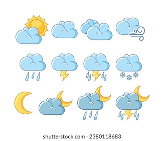 Weather Forecast Cloud Icons Set. Comprehensive Collection Of Cloud Elements Representing Various Weather Conditions