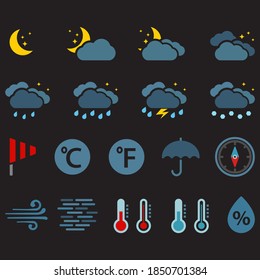 Weather Forecast color icons night set simple flat symbols isolated on white background. Weather report symbols outline style.