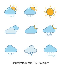 Weather forecast color icons set. Partly cloudy and windy weather, drizzle rain, sun, clouds, night, pouring and drizzle rain, wind, overcast, sleet. Isolated vector illustrations