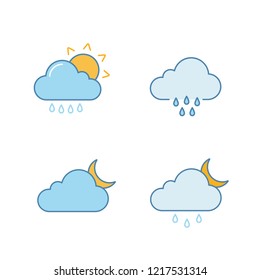 Weather forecast color icons set. Rain with sun, rainy weather, cloudy night, drizzle and scattered shower. Isolated vector illustrations