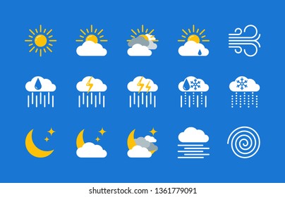 Weather forecast color icons set. 15 flat symbols on the blue background. Vector illustration EPS10.