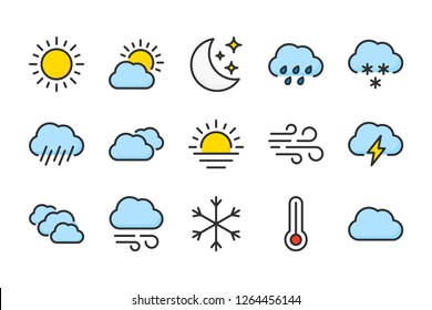 Weather and forecast color line icons. Climate and meteo vector linear colorful icon set. Isolated icon collection on white background.