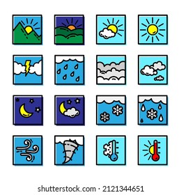 Weather Forecast Color Square Flat Icon Design Set. Vector Illustration
