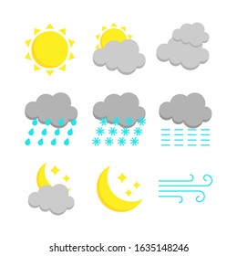 Weather forecast colorful icon set. 16 flat symbols isolated on white background. Vector illustration