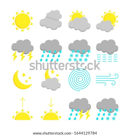 Weather forecast colorful icon set. 16 flat symbols isolated on white background. Vector illustration