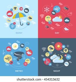 Weather forecast compositions with four square icon set on rainy day meteo night themes vector illustration