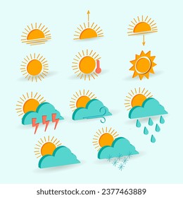 Concepto de pronóstico del tiempo 3d iconos isométricos establecidos. Empaquetar elementos isométricos de nubes, sol, lluvia, copos de nieve, viento, rayos. Ilustración vectorial del diseño web moderno