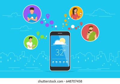 Weather forecast concept design. Flat vector illustration of men and women in circle icons using smartphone mobile app for tracking weekly weather forecast via application. Mobile technologies banner