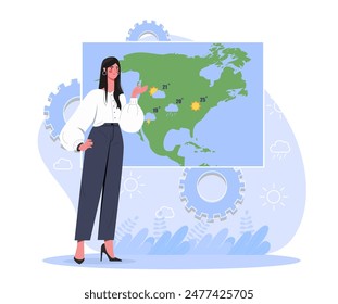 Concepto de previsión de Clima. Chica cerca del mapa del mundo con Clima lluvioso y soleado. Espectáculo meteorológico. Transmisión en directo y medios de comunicación. Ilustración vectorial plana de dibujos animados aislada sobre fondo blanco