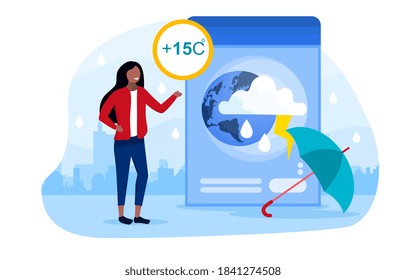 Weather forecast concept with a girl telling viewers about the upcoming weather. Cool, rainy, cloudy weather forecast. Flat cartoon vector illustration with fictional character.