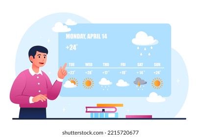 Weather forecast concept. Man on background of graphs and charts. Meteorology, specialist hosts show. Mass media, information and knowledge. Nature and environment. Cartoon flat vector illustration