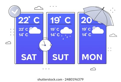 Weather forecast concept. Mobile application and program for daily and season climate. Meteorological prediction. Rainy weather. Linear flat vector illustration isolated on white background