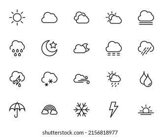 Weather and forecast concept. Outline symbols and editable strokes. Line icon collection with sign of rainbow, snowflake, lighting, sun, cloud, rain, star, moon, wind, umbrella 