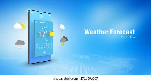 Weather Forecast Concept, Smartphone displays  weather forecast application widget, icons, symbols, Web banner with copy space