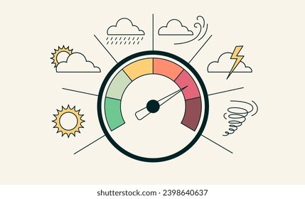 Weather forecast concept. Sun, cloudy, rain, wind, thunderstorm, tornado. Barometer, monometer, temperature sensor. Vector illustration in flat style. Horizontal minimalistic banner. Header for site.