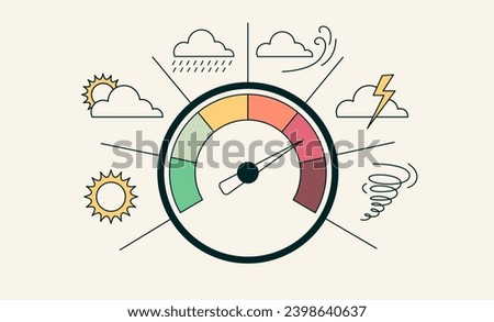 Weather forecast concept. Sun, cloudy, rain, wind, thunderstorm, tornado. Barometer, monometer, temperature sensor. Vector illustration in flat style. Horizontal minimalistic banner. Header for site.