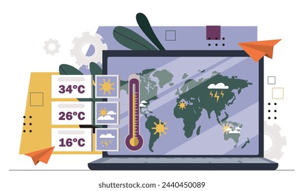 Weather forecast concept. Temperature and rains predictions at global map. Applications and programs. Meteorologist laptop. Cartoon flat vector illustration isolated on white background